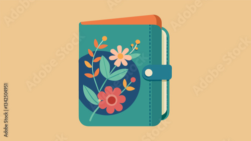 A compact journal with a floral cover tucked into a pocket or purse used to record happy moments onthego.. Vector illustration