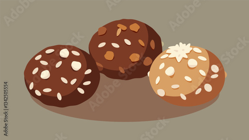 A trio of bitesized energy balls each one rolled in a different topping such as coconut flakes crushed almonds and cocoa powder.. Vector illustration