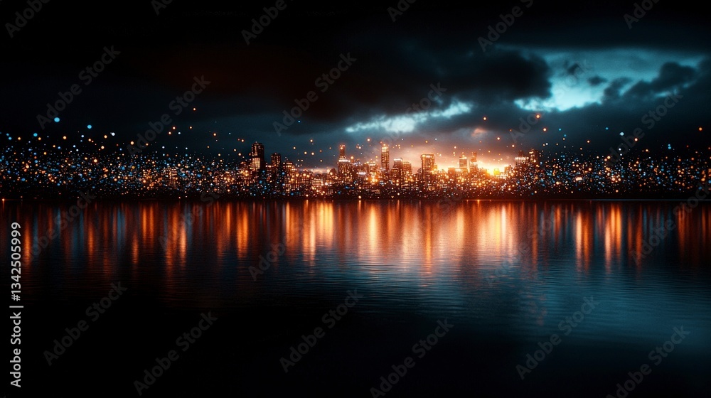 Fototapeta premium Night Cityscape Golden Lights Dark Clouds Bokeh Reflections