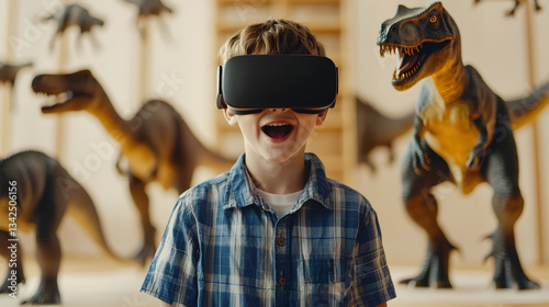 Exciting Virtual Reality Adventure with a Boy Enjoying Dinosaurs in Augmented Reality Experience