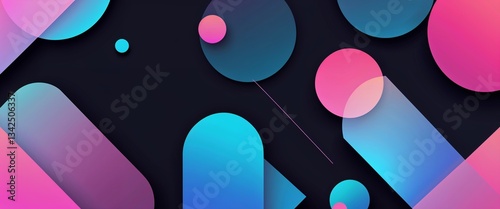 cyan pink gradient translucent geometric solid shapes pattern abstract on plain dark black background illustration design concept backdrop