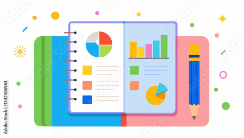 A bullet journal dedicated to happiness filled with colorful charts and trackers allowing its owner to see their happiness grow and flourish.. Vector illustration