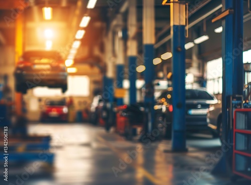 Blurred background of an auto repair shop with cars on lifts and mechanics working in the garage, a car service concept. Copy space available. High quality image.