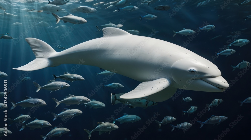 Fototapeta premium White dolphin swimming amidst school of fish. Sunlight beams through the water