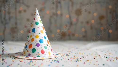 A cheerful party hat, vibrant with colorful polka dots, sits on a table scattered with sprinkles, ready for a joyous celebration against a softly lit, bokeh background.