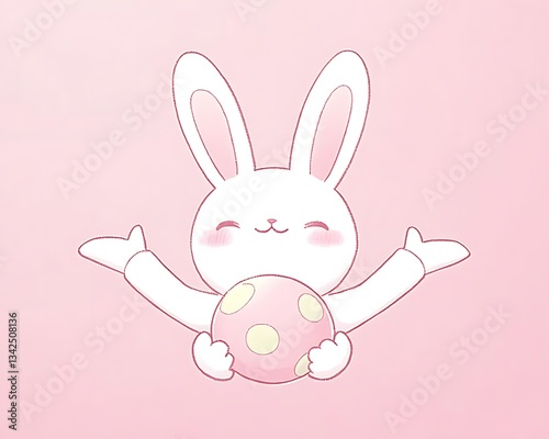Cartoon bunny holding Easter egg, pink background, decoration