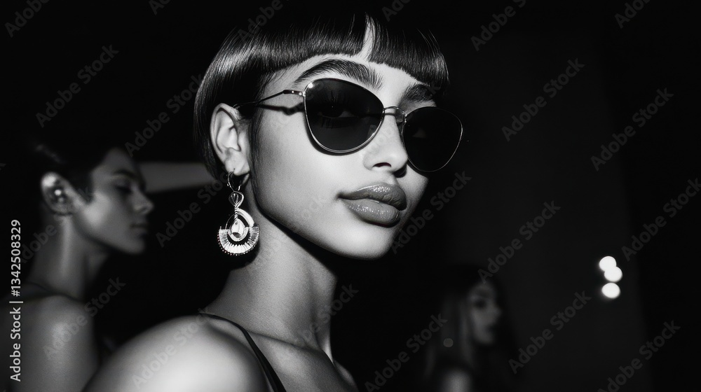 Obraz premium Black and white portrait of a woman with round sunglasses and dangling earrings