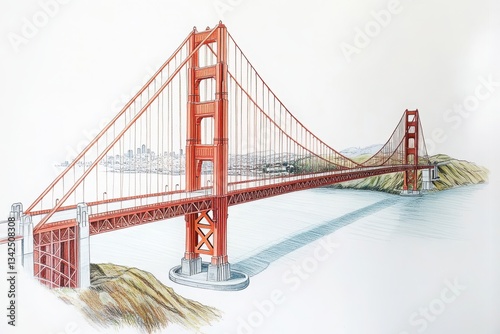 A golden gate bridge, iconic structure, detailed illustration, bold red tones, isolated on white background photo