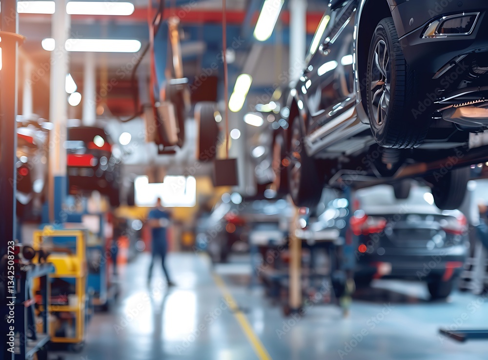 Fototapeta premium Blurred background of an auto repair shop with cars on lifts and mechanics working in the garage, a car service concept. Copy space available. High quality image.