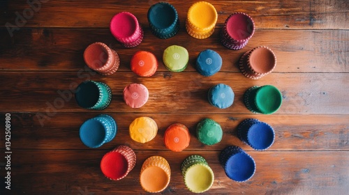 Colorful small cups arranged in a circle on wood.