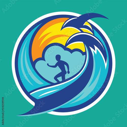 Solid-Colored Surfing Silhouette Illustration with Vibrant Waves and a Captivating Appeal