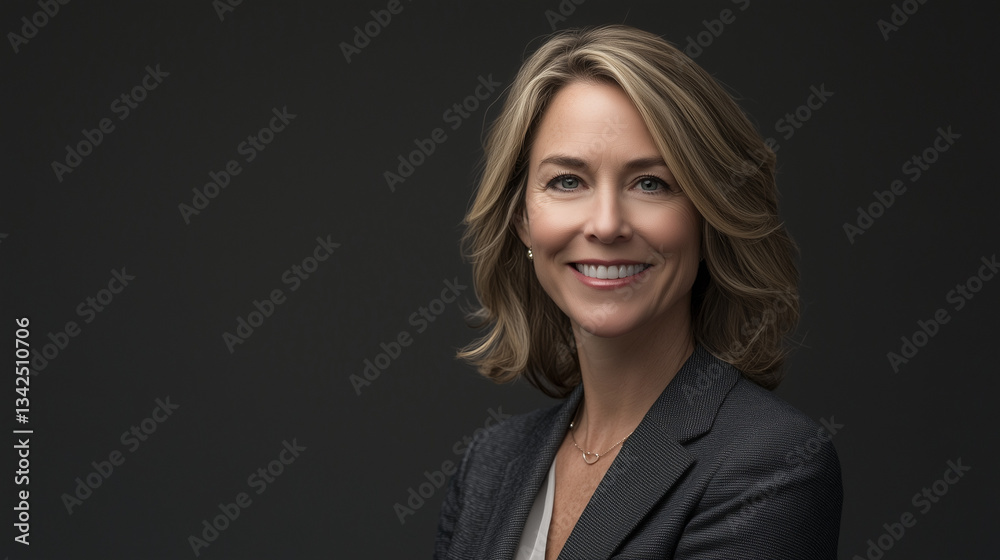 A close-up studio portrait of a woman with shoulder-length blonde hair styled in soft waves. She is wearing a dark-colored blazer, and is smiling directly at the camera. The background is a solid, A close-up studio portrait of a woman with shoulder-length blonde hair styled in soft waves. She is wearing a dark-colored blazer, and is smiling directly at the camera. The background is a solid,