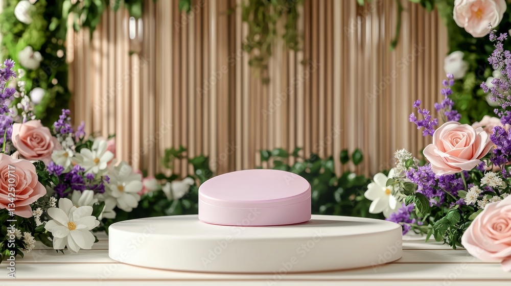 Elegant Pink Product Display Podium with Roses and Spring Flowers Elegant Pink Product Display Podium with Roses and Spring Flowers