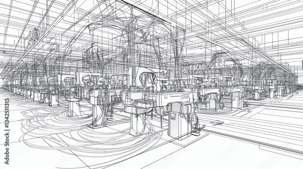 Fototapeta premium Abstract ultra-HD single-line art a factory floor with sewing machines, with swirling patterns forming precision and systems