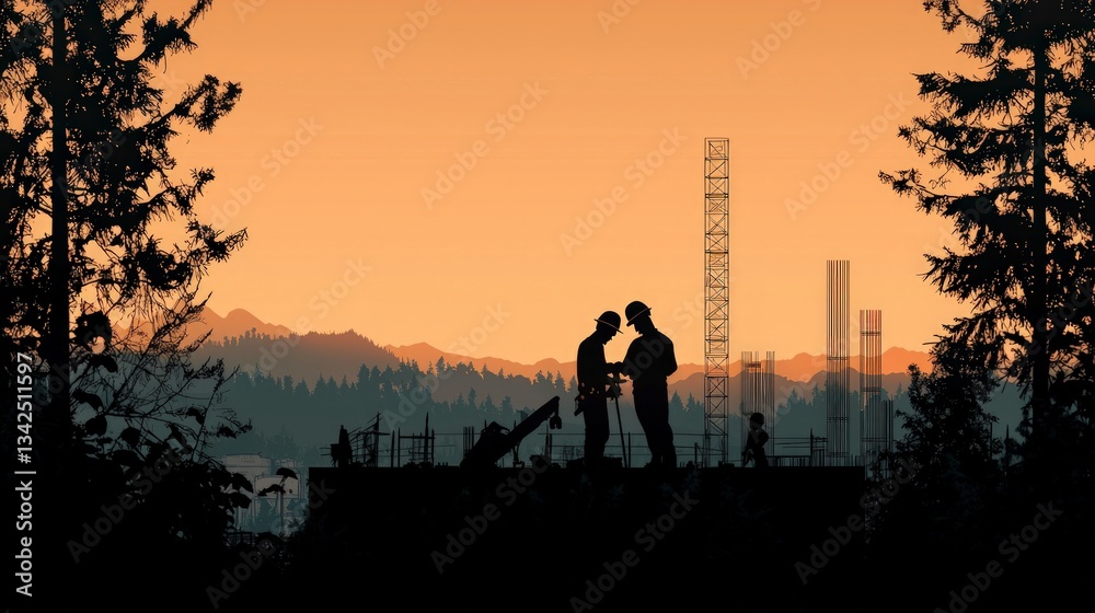 Fototapeta premium Sunset Construction Site Silhouette Engineers Workers Building