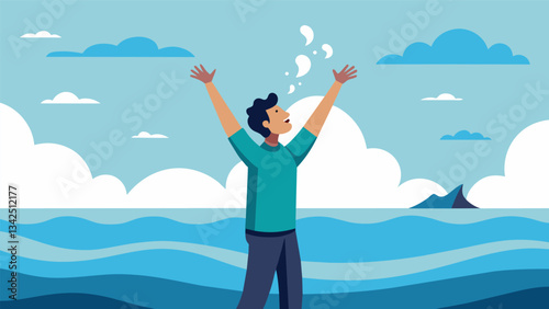 A man stands at the waters edge stretching his arms above his head as he inhales the salty ocean air and holds it for a moment before releasing with a soft sigh.. Vector illustration