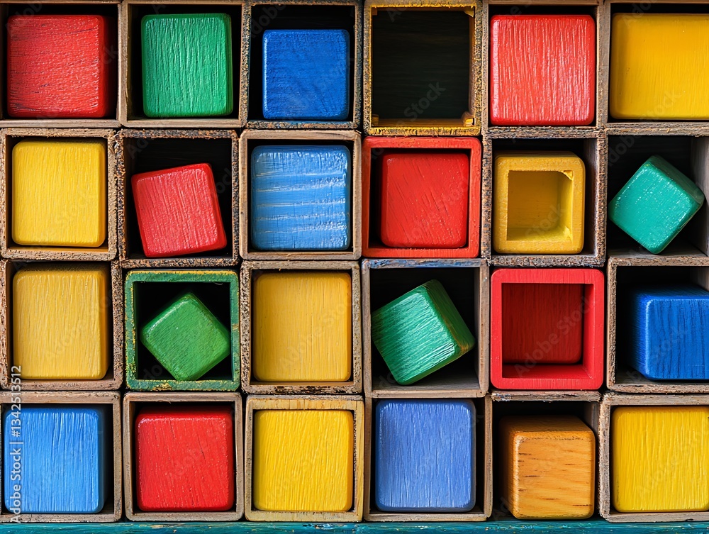Fototapeta premium Colorful blocks in wooden tray, creative kids toy