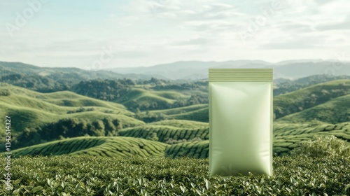Light Green Tea Packaging Pouch Mockup with Pastel Plastic Texture Set Against a Blue Sky and Lush Tea Plantation – Ultra-Realistic Scene for Natural and Organic Product Branding

