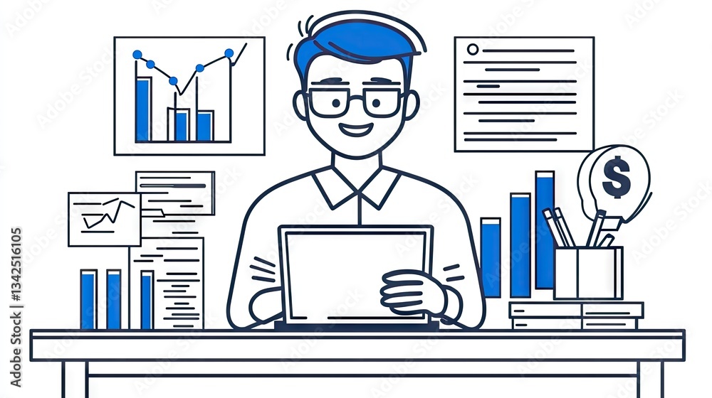Obraz premium Man analyzing data at desk with charts, money, and documents. Finance report presentation use