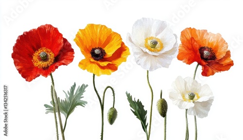 Colorful Poppies Blooms Against White Background in Soft Light