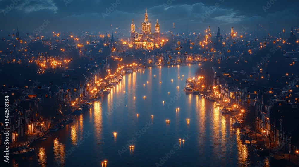 Fototapeta premium Amsterdam Night Lights: Aerial View of Canals and Basilica
