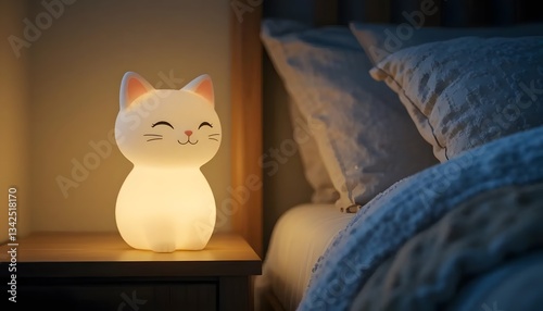 A serene smiling cat nightlight softly illuminating a bedroom, creating a calming bedtime atmosphere with warm gentle glow.