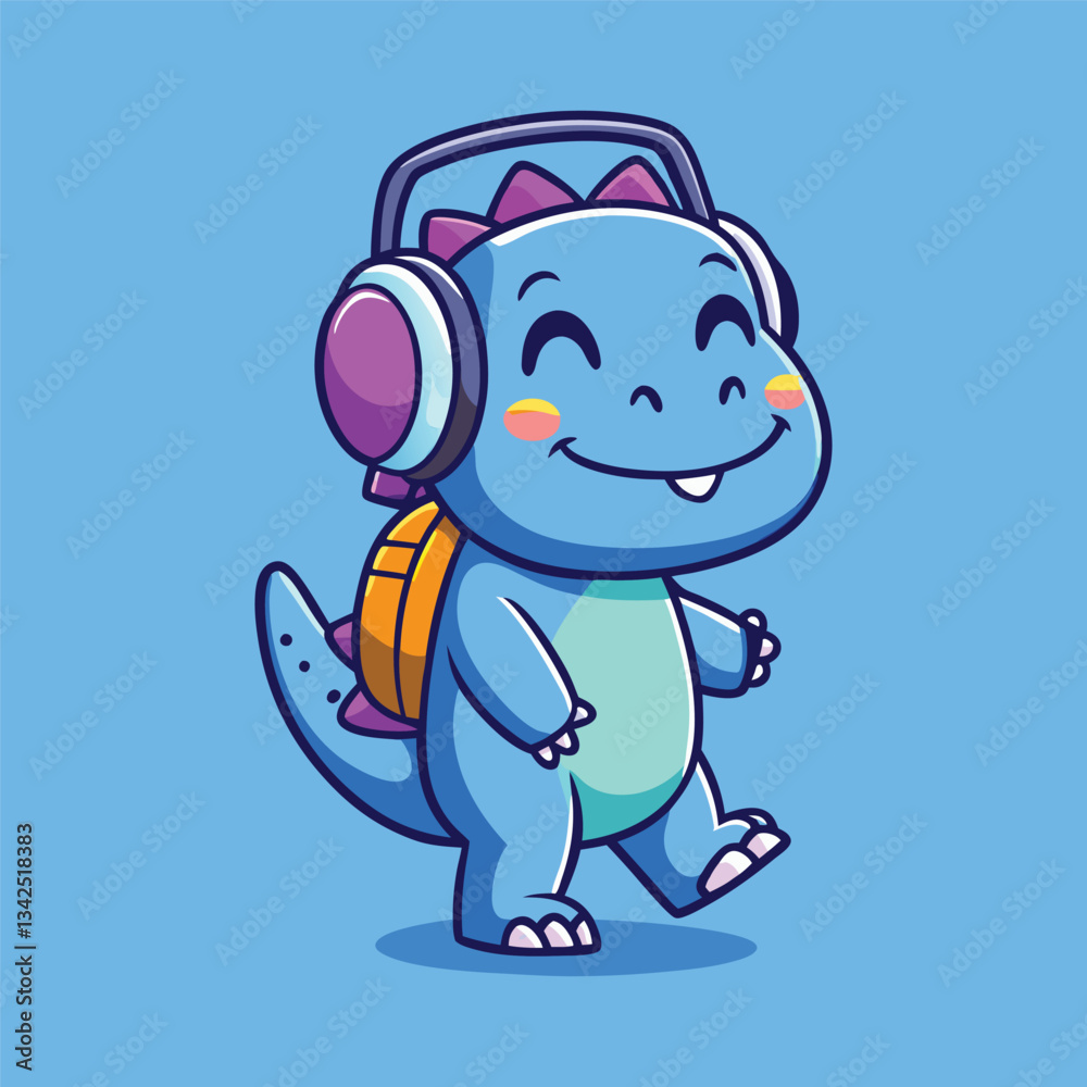 Obraz premium Adorable Blue Dinosaur with Headphones Cartoon Design