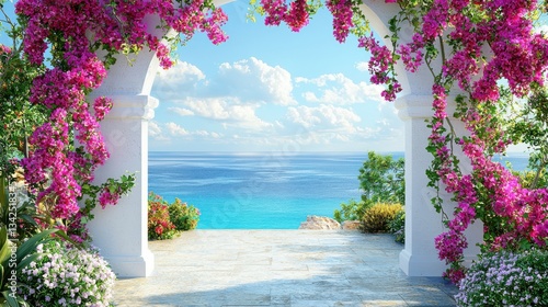 Fototapeta Naklejka Na Ścianę i Meble -  White Archway with Bougainvillea Overlooking the Blue Sea