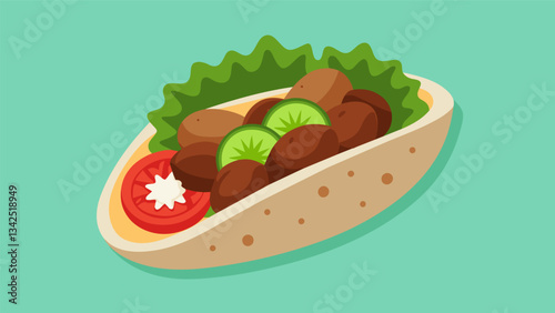 Slices of tender lamb marinated in Middle Eastern es top a bed of hummus and cucumber in a pitainspired taco providing a unique twist on a classic dish.. Vector illustration