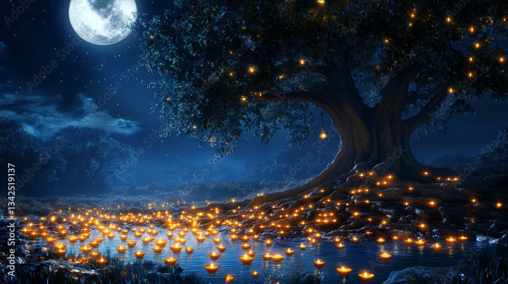 Mystical Vat Purnima Night Scene With Floating Diyas and a Grand Banyan Tree by a Sacred River Mystical Vat Purnima Night Scene With Floating Diyas and a Grand Banyan Tree by a Sacred River