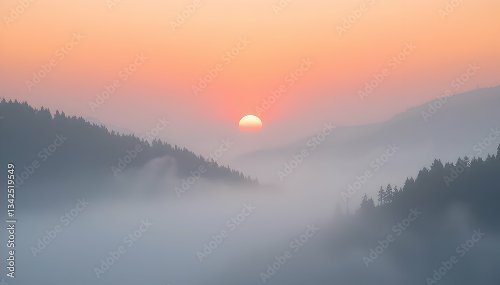 Fototapeta premium Misty Mountain Sunrise Peaceful Scenic Landscape Nature Photography