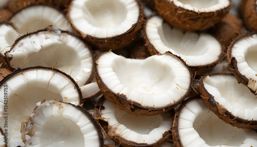 A captivating collection of halved coconuts, their creamy white flesh contrasting beautifully with the dark brown husks, showcasing nature's simple elegance in warm, natural light. A captivating collection of halved coconuts, their creamy white flesh contrasting beautifully with the dark brown husks, showcasing nature's simple elegance in warm, natural light.