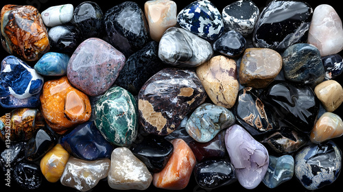 Colorful Collection of Polished Stones and Gemstones Displayed on a Natural Background