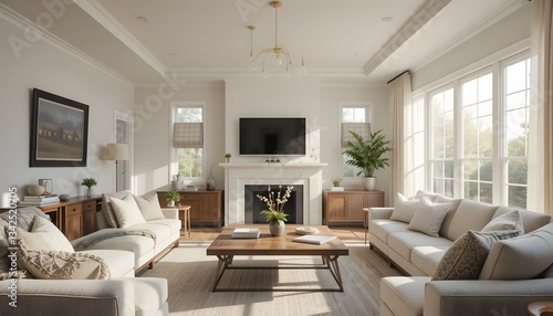 A sunlit living room, bathed in warmth and serenity, exudes a feeling of calm and comfortable elegance with neutral tones and natural light.