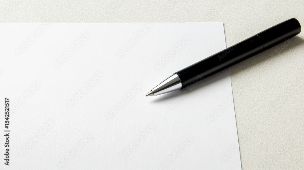 Black pen resting on a blank sheet of paper ready for writing thoughts or ideas in a creative workspace setting during daytime. - ai Black pen resting on a blank sheet of paper ready for writing thoughts or ideas in a creative workspace setting during daytime. - ai