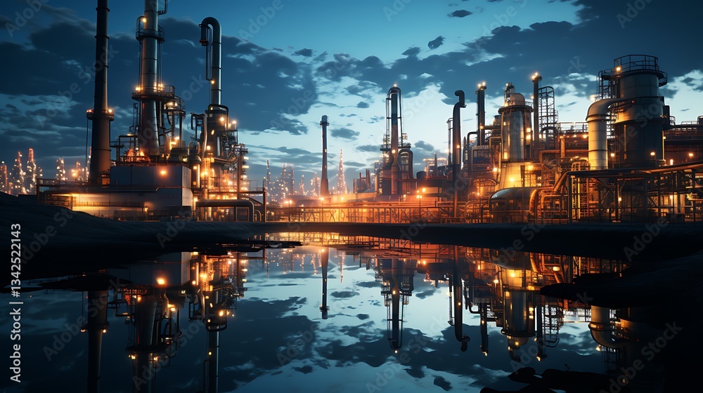 Night Scene of an Illuminated Oil Refinery Reflecting on Water Night Scene of an Illuminated Oil Refinery Reflecting on Water