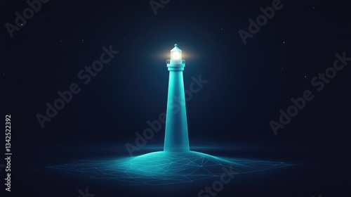 Vector Graphic of a Lighthouse with Blue or Teal Beam on Black Background – Symbolic Light for Direction, Exploration, and Inspiration with Subtle Geometric Lines Emphasizing Form