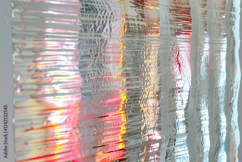 Reeded Glass. Colored Ribbed Background. Blue, Purple, Silver, Pink and Violet. Holographic color on geometric background for design. Vivid space art with blurred refraction for fashion.