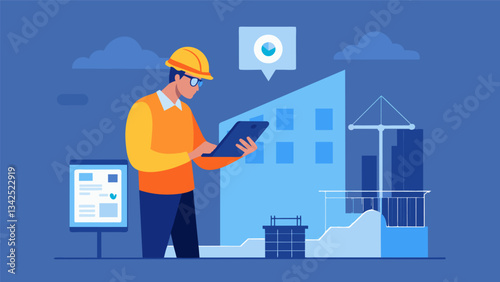 An engineer inspecting a building under construction using augmented reality data to analyze blueprints and structural data in realtime.. Vector illustration