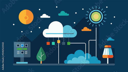 An intelligent lighting system that automatically adjusts brightness and color temperature throughout the day using data from weather forecasts and time of day to create an optimal. Vector