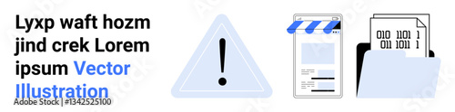 Warning sign, digital folder with binary data, and mobile storefront interface suggest caution in online transactions, data safety, and e-commerce. Ideal for security, technology, digital business
