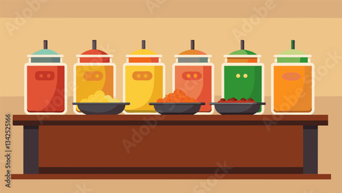 The counter is lined with an array of vibrant sauces each providing a perfect complement to the savory pupusas.. Vector illustration