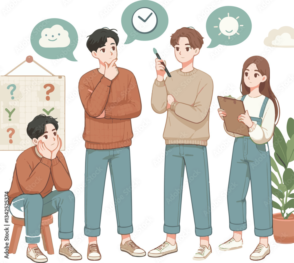 Men and women in casual clothes thinking about a plan vector in white background Men and women in casual clothes thinking about a plan vector in white background