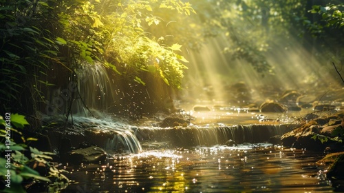 Gentle sunlight illuminates a serene forest waterfall, creating a peaceful atmosphere with shimmering water and lush greenery..