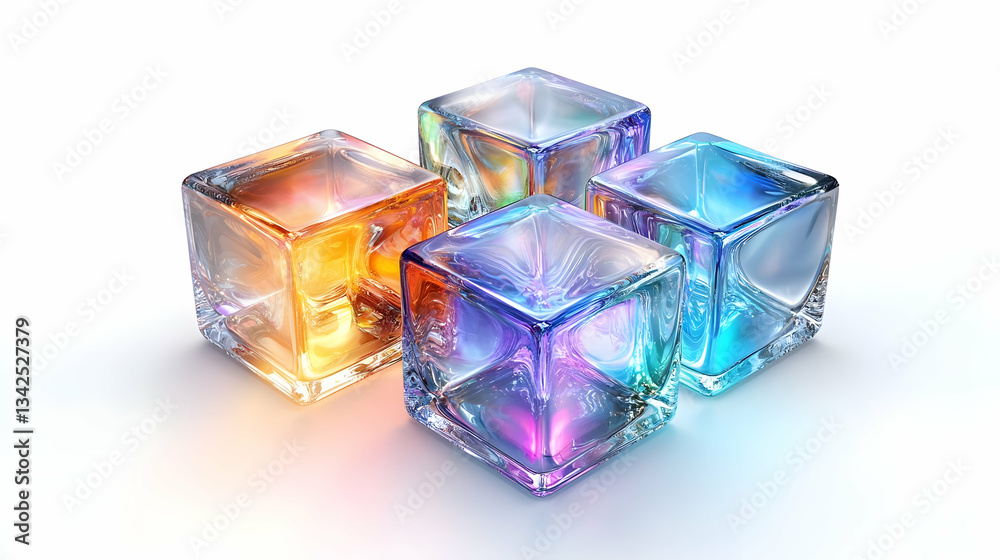 Colorful Transparent Ice Cubes with Light Reflection on a Bright White Background Colorful Transparent Ice Cubes with Light Reflection on a Bright White Background