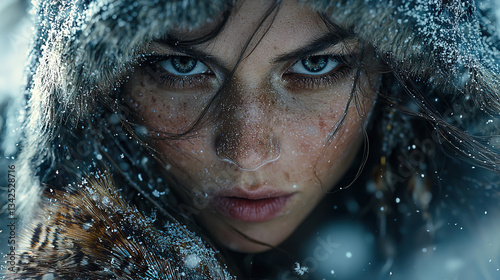 Female Viking Trapper Setting Snares in Blizzard with Fox Fur Hood and Antler Knife
