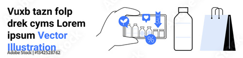 Hand holding smartphone displaying product icons with discount and thumbs ups, beside a plastic bottle and shopping bag. Ideal for e-commerce, retail, eco-awareness, marketing, discounts, product