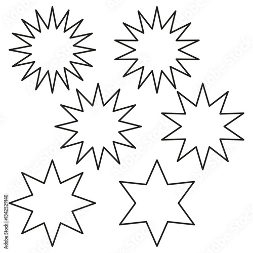 Outline star icons. Geometric spiky shapes. Abstract starburst set. Black vector elements.