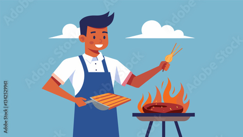 The asado grill master proudly displayed his skills as he carved perfectly grilled ribs the crispy caramelized edges glistening in the sunlight.. Vector illustration