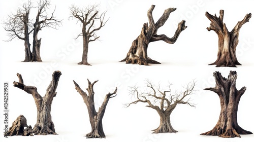 Set collection of giant old dead trees isolated on white background.  photo